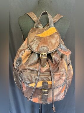 Hato Hasi Patchwork Leather & Suede Backpack Boho Brown Side Pocket Bag